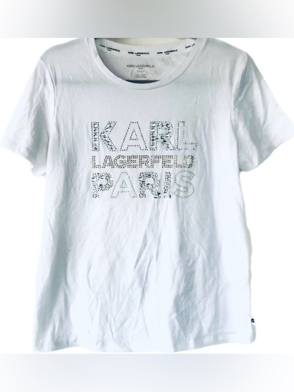 Karl Lagerfeld Designer Luxury White T Tee Shirt Top Gold Logo Jewel Studs M XL
